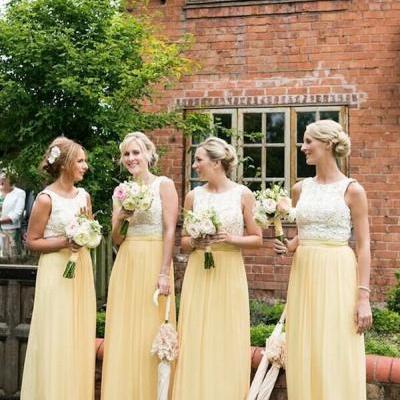 2015 Lemon Yellow Chiffon Bridesmaid Dresses,Custom Made Wedding Party Dresses,Sleeveless Lace Long Dresses