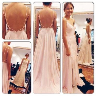 Spaghetti Straps V Neck Pink Backless Prom Dress,Sexy Long Evening Dresses,Chiffon Floor Length Women Gown