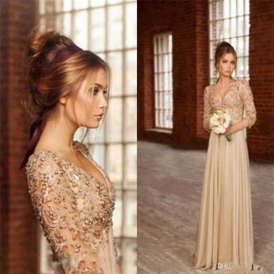 Fashion Lace Long Sleeve Prom Dresses, 2015 Sexy Prom Dresses,V Neck Pearls Evening Dress,Chiffon Floor-Length Prom Evening Gowns