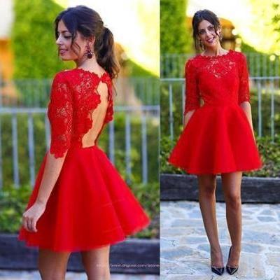 2015 Sweety Hot Red Homecoming Dress Half Sleeves Lace Open Back A Line Short Prom Cocktail Dresses