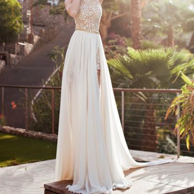 Sexy Chiffon Appliques Lace Prom Dresses Beaded Long Halter Side Slit Spring Evening Party Gowns Prom Dress