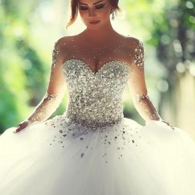 Long A Line Crystal Beading Tulle Wedding Dresses Full Sleeve Bridal Dress