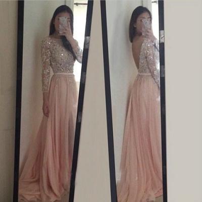 Sparkle Exquisite Pink Prom Dresses,Long Sleeves Beadings & Crystal Chiffon Prom Dress