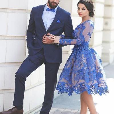 Appliques Scoop Knee-Length Prom Press,Long Sleeve Prom Dresses,A-Line Tulle Royal Blue Prom Dress,Short Prom Dresses