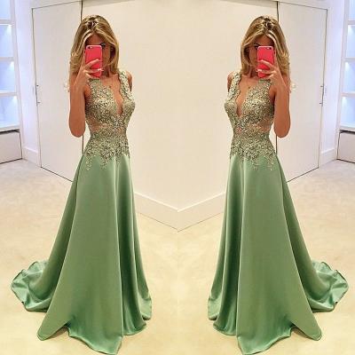 Satin Lace Appliques Long Evening Dresses ,2016 V Neck Sleeveless Prom Dresses,A Line Floor Length Evening Dress,Prom Gown
