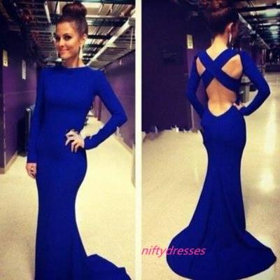 Sexy Robe De Soiree High Neck Long Sleeve Criss Cross Backless Royal Blue Evening Gown ,Sexy Mermaid Prom Dresses