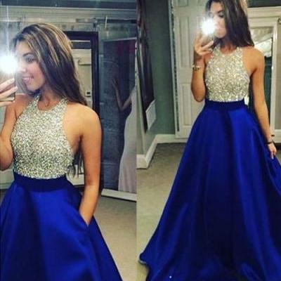 Charming Prom Dresses,Beading Prom Dress,Halter Prom Dresss,A Line Prom Dresses,Blue Evening Dress