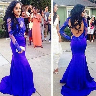  Mermaid Royal Blue Prom Dresses,Applique Prom Dresses,Long Sleeve Sweep Train Prom Dress,Lace Sheer High Neck Evening Gowns