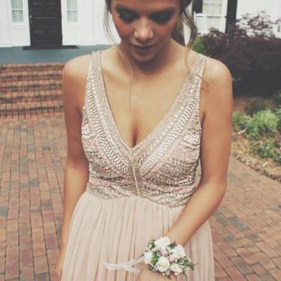 Chiffon Evening Dress,A Line Evening Gowns,Beading Prom Dresses,Party Dresses,Long Prom Gown,V Neck Bridesmaid Dress