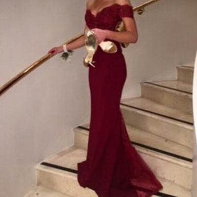 Charming Off Shoulder Chiffon Prom Dress ,Burgundy Prom Dresses With Lace, Evening Gowns, Formal Evening Dresses, Burgundy Prom Dresses