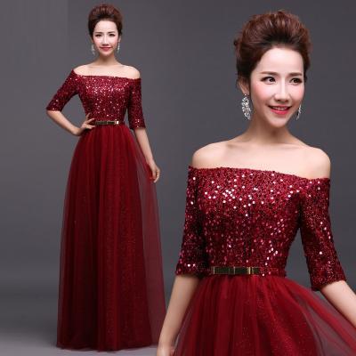 Sexy Boat Neck Off The Shoulder Women Formal Dresses, Sequined Evening Dresses, Elegant Red Long Sleeve Prom Dresses For Evening Party