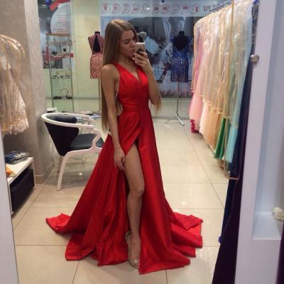2016 New Arrival Long Red Prom Dresses,A-Line V-Neck Evening Gown,Off The Shoulder Prom Party Dress,Sweep Train Formal Gowns,Silde Slit Prom Dress