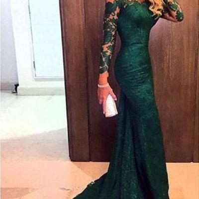 New Arrival Dark Green Evening Gowns Long Sleeves Off the Shoulder Lace Elegant Mermaid Prom Dresses 