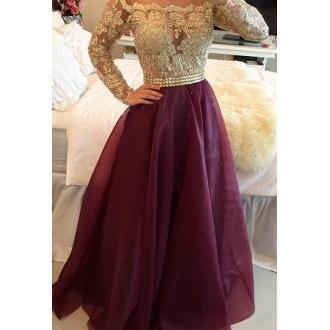 Long Sleeves Prom Dresses Gold Illusion Lace Beaded Burgundy A-Line Gorgeous Evening Gowns