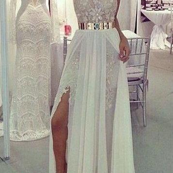 Halter Prom Dresses,White Chiffon Prom Dress,Long Evening Dress,Formal Dress