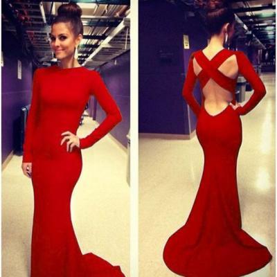 New Arrival Red Long Sleeve Prom Dress,Backless Prom Dress,Long Evening Dress,Formal Dress