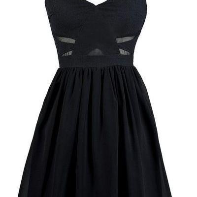 Black Spaghetti Straps Skater Dress with Sheer and Cutout Detailing - Homecoming, Party, Formal Dress 