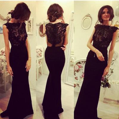 Elegant Beaded Lace Appliques Mermaid Black Prom Dresses 2016 Long Floor Length Chiffon Women Party Dress