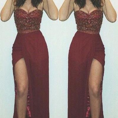 Charming Prom Dress,Beaded Side Slit Prom Dresses Sweetheart Neck Sleeveless Sexy Long Evening Gowns