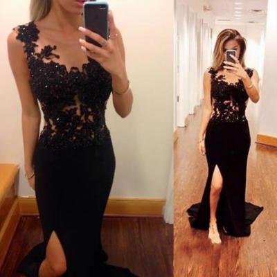 Long Black Lace Corset Mermaid Prom Dresses Formal Chiffon Applique High Split Evening Gowns 