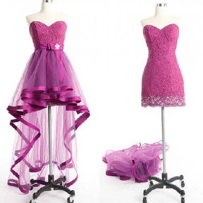 Detachable Custom Sweetheart High Low Short Prom Dress,Lace Party Dress,Lace Appliques Evening Dress