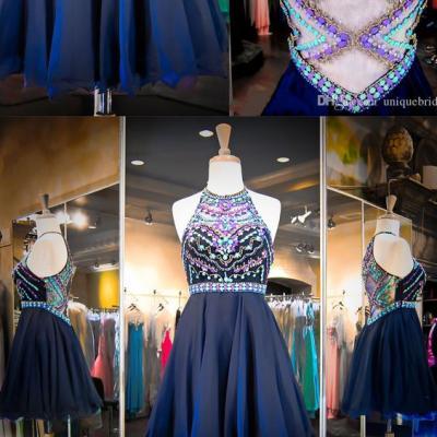 Prom Dress,Crystal Beaded Homecoming Dress,Halter Prom Gown