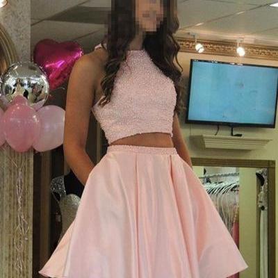 Sexy Short Prom Dress , Pink Two Pieces Homecoming Party Dress Pearls Beading Crop Top Girls Graduation Gowns