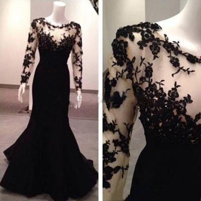 Charming Lace Black Prom Dress,Long Evening Dress with Full Sleeve ,Mermaid Evening Gown,Formal Evening Dress,