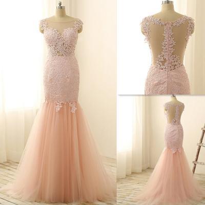 Sexy Prom Dress,Tulle Mermaid Prom Dresses,Long Evening Dress,Formal Dress,Appliques Lace Prom Dresses