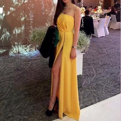 High Slit Yellow Prom Dress,Strapless Backless Prom Dress,Sexy Evening Party Gowns