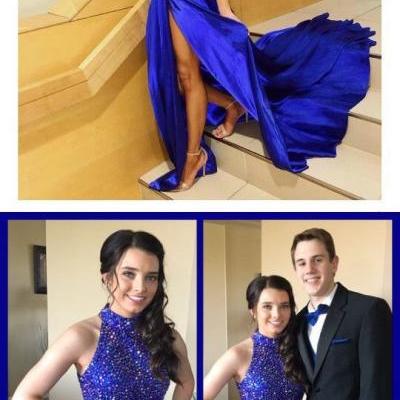 Charming Prom Dress,Sexy Prom Dress,Royal Blue Two Piece Prom Dress,Short Prom Gown,High Slit Evening Dress