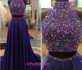 Two Piece Prom Dresses,Long Prom Dress,Crystal Prom Dresses,High Neck ...