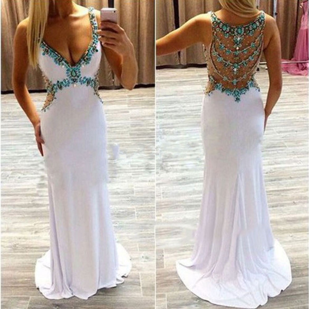 White Prom Dresses with Rhinestones
