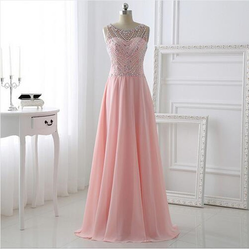 Pink Long Sparkle Bling Bling Prom Dresses 2016 with Hollow Back A line Chiffon Beading Luxury Evening Party Dress