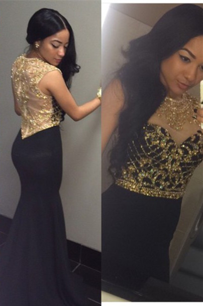 Dark Gray with Gold Beading Prom Dresses