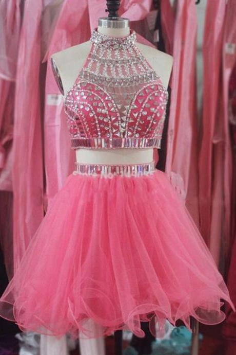 Sparkly High-Neck Rhinestone Homecoming Dresses,Two Pieces Short Prom Dresses,Gorgeous Tulle Crystal Wedding Party Gowns,Graduation Dress 
