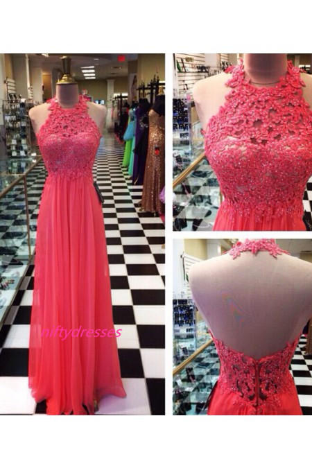 Chiffon Watermelon Prom Dress,High Neck Prom Dresses,Open Back Prom Gown,Floor Length Party Dresses,Beading Prom Dresses