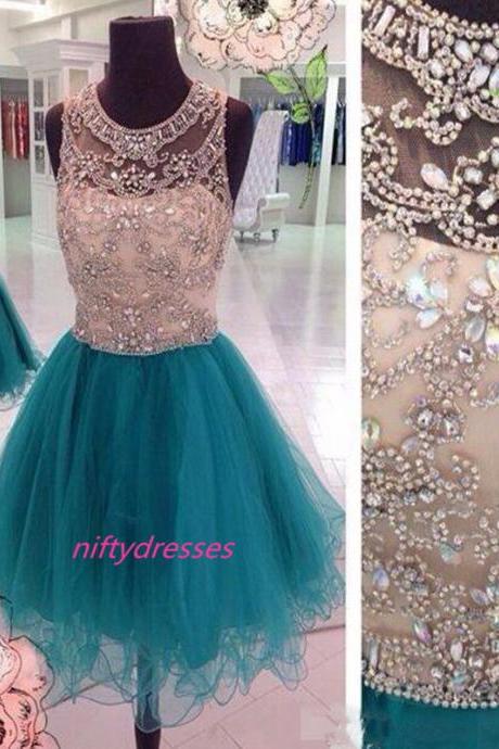  Blue A-line See Through Mini Prom Dresses,Tulle Short Homecoming Dress,Beading Crystal Homecoming Dresses