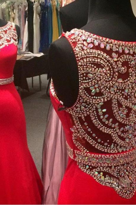 Custom Made Mermaid Red Prom Dress 2016 Scoop Cover Back Sweep Train Chiffon and Crystal Party Dress Formal Dress
