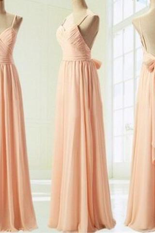  Light Pink Prom Dress with Bow, Simple Prom Dresses 2016,Chiffon Bridesmaid Dresses,Spaghetti Straps Evening Gown, Evening Dresses