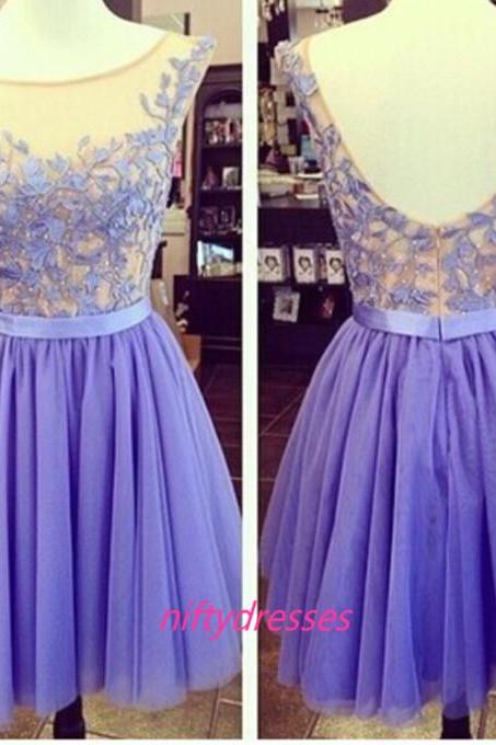 Appliques Homecoming Dress,A-Line Homecoming Dress,Short Homecoming Dress, Backless Prom Dress,Tulle Prom Gown,O Neck Party Dress