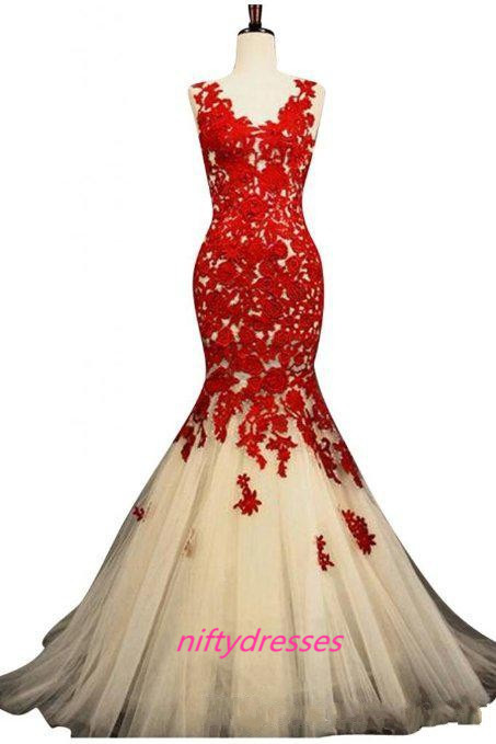  Sexy Mermaid Evening Dress,Scoop Organza Evening Dress,Applique Pleats Lace Evening Gown,Beads Hollow Sweep Train Red Prom Dresses,See Though Prom Dress