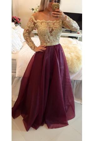 Long Sleeves Prom Dresses Gold Illusion Lace Beaded Burgundy A-Line Gorgeous Evening Gowns
