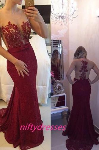 Sexy Prom Dresses,Burgundy Prom Dress,Lace Evening Gown,Long Formal Dress,See Though Prom Gowns,Modest Formal Evening Gown