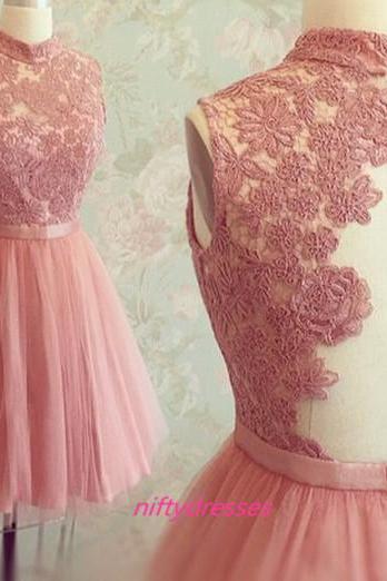 New Arrival Short Prom Dress,Tulle Homecoming Dress,Lace Appliques Homecoming Dress,Backless Graduation Dress,Party Dress