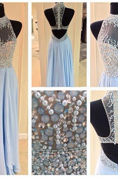 New Arrival Blue Prom Dress,Long Prom Dress,Beading Prom Gown,Backless Prom Dress,Crystal Prom Dress,Sexy Evening Dress