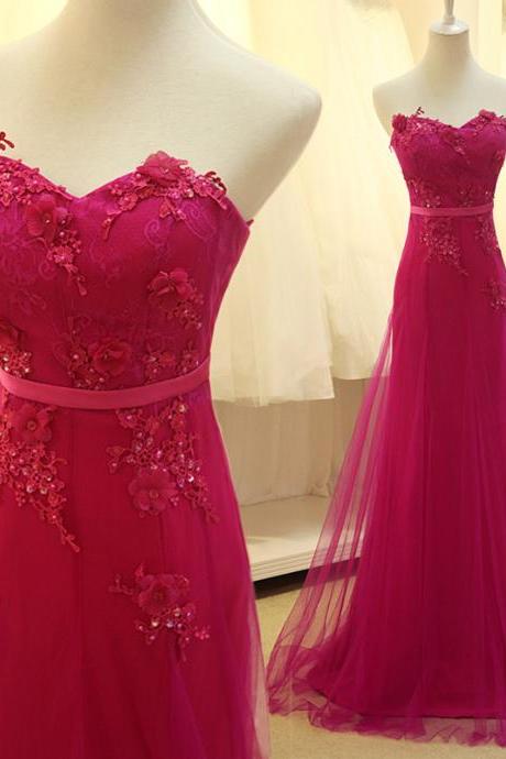 Custom Made Long Prom Dress With Lace,Applique Prom Dress,Rose Red Tulle Delicate Formal Dresses,Pretty Prom Dress