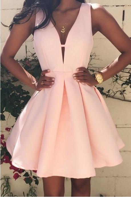Pink Short Prom Dress,v Neck Cocktail Dress,satin Homecoming Dress