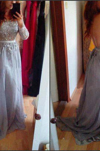 Gorgeous Crystal Beaded Backless Long Sleeves Prom Dresses Sheer Scoop Neck Floor-Length Chiffon Formal Pageant Gowns