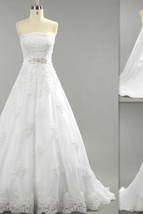 Lace Appliques Strapless Straight-Across Floor Length Wedding Gown Featuring Beaded Embellished Belt and Train